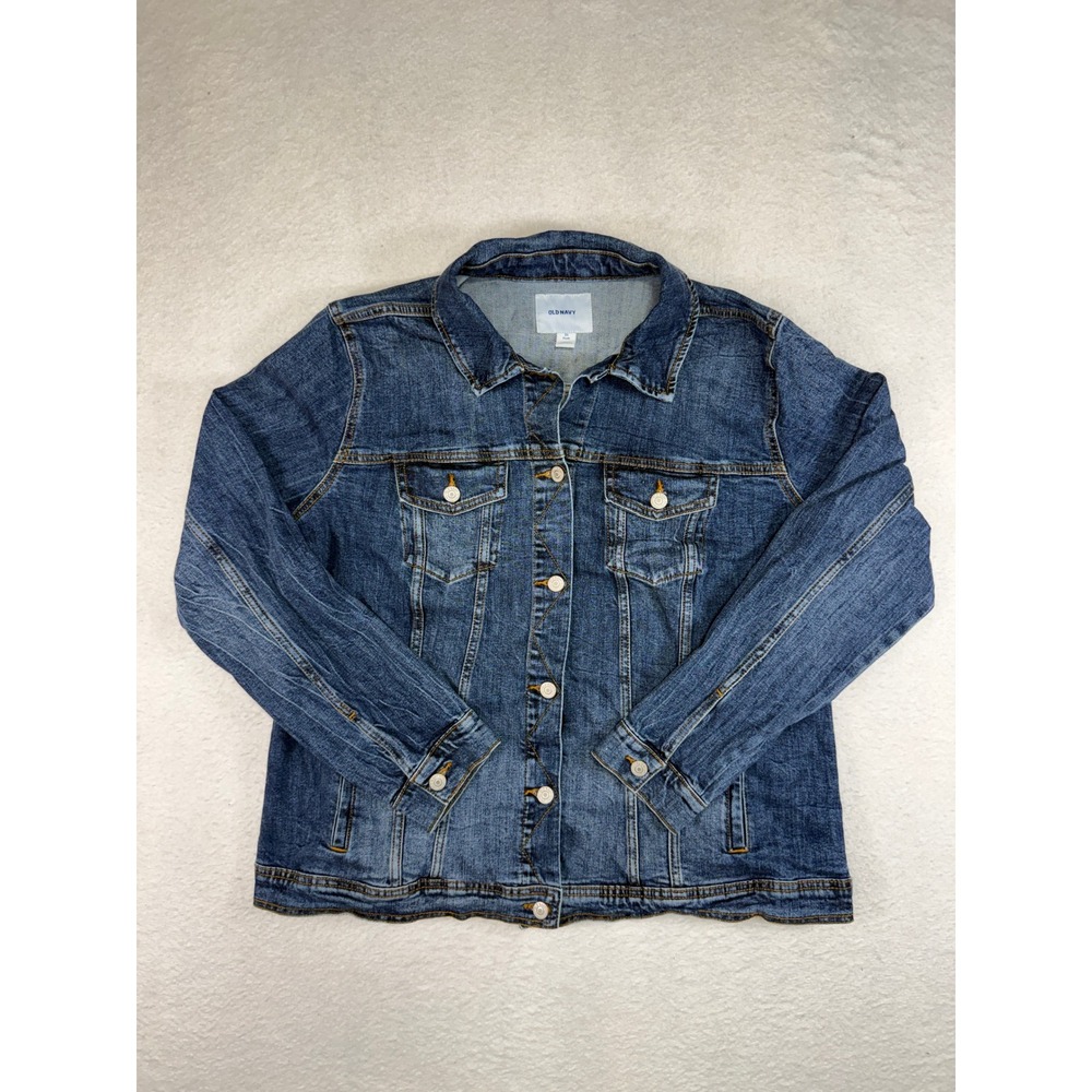Old Navy Denim Jacket Womens 2X Plus Blue Dark Wash Stretch Trucker Jean Jacket